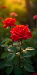 A close-up photograph of vibrant red roses in full bloom, glistening with morning dew, set against a blurred background of lush green foliage in a garden.