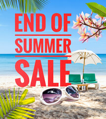 End of summer sale banner with summer set on tropical beach, summer outdoor day light, promotion...