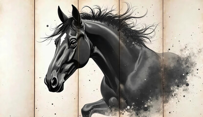 Obraz premium White background with horse illustration. New Year. Chinese zodiac. New Year's greetings. Dynamic. Japan. Japanese style. 