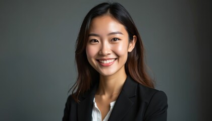 Happy smiling young asian businesswoman in formal black suit on white background. Confident pro female portrait. Business, success, career, work, entrepreneurship concept.