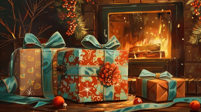 A joyful pile of colorful gift boxes tied with playful ribbons, evoking childhood excitement and wonder