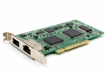 Network card with dual ports and green circuit board on a white background