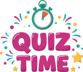 quiz time hand-drawn playful text with timer icon, confetti and bold star