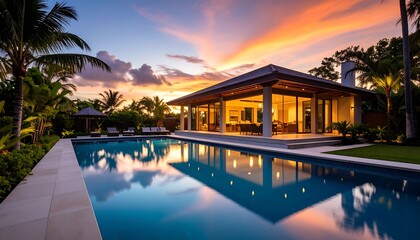 Obraz premium Tropical sunset home, pool reflection
