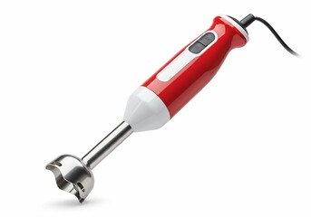 Red and white immersion blender with stainless steel blade on white background