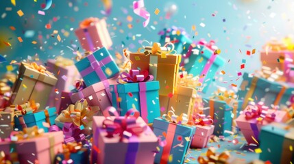 A joyful pile of colorful gift boxes tied with playful ribbons, evoking childhood excitement and wonder