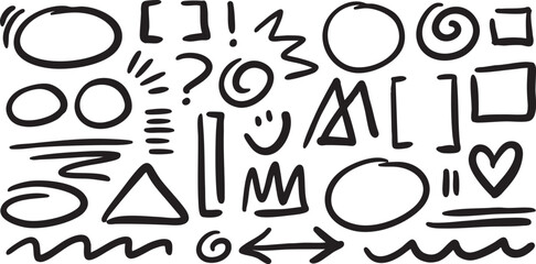 Collection of black paint, ink brush strokes, artistic design elements. Vector illustration. Isolated on white background. Freehand doodle drawings