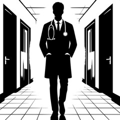 Black and White Vector Silhouette of a Doctor Walking with Stethoscope