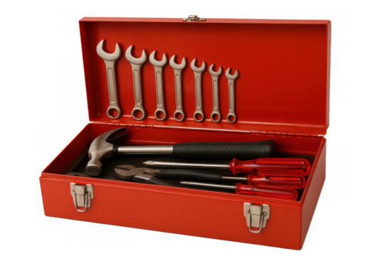 Vintage red toolbox with meticulously organized professional hand tools, wrenches, hammer, screwdrivers, pliers on transparent surface