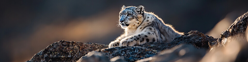 Fototapeta premium Snow Leopard on Rocky Terrain at Sunset
