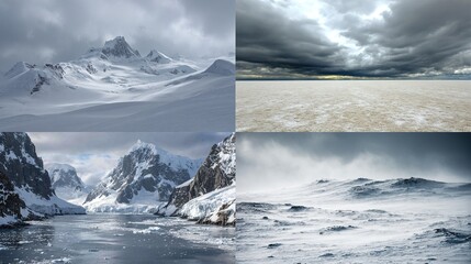A collage showing snowy landscapes towering mountains, a flat salt plain, icy ocean with glaciers, and a snowy terrain
