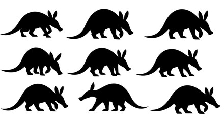 Nine Silhouettes of Anteaters in Profile View