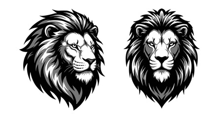 Two Majestic Lion Heads: Profile and Frontal Views, Black and White Stylized Illustration