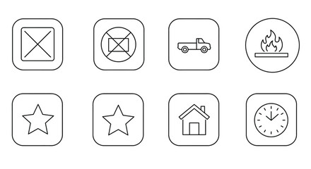 Collection of Simple Line Art Icons:  No Entry, Truck, Fire, Star, Home, Clock