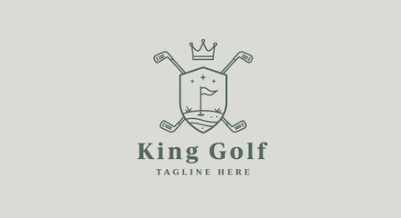 Elegant King Golf Logo: Green Line Art Crest with Crown, Golf Clubs, and Flag