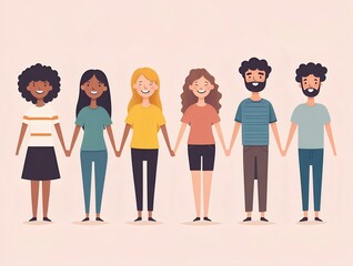 Obraz premium cartoon group of diverse happy young people holding hands on pastel background. unity and inclusion, international youth day