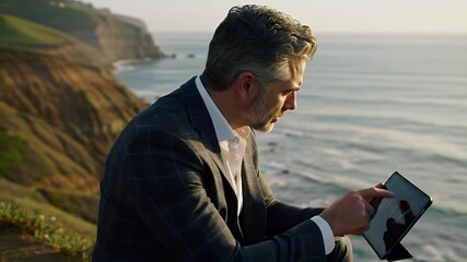 Businessman reviewing financial data on tablet outdoors by the ocean - Powered by Adobe