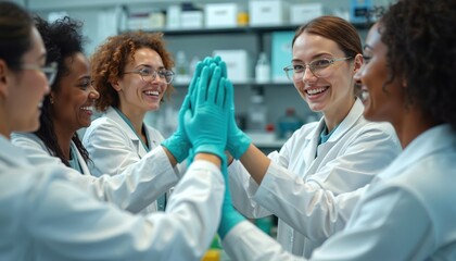 Diverse team female researchers high five celebrate breakthrough in lab. Women scientists happy smile. Collaboration, scientific success. Healthcare, biotech, medical tech, innovation, pharmaceutical
