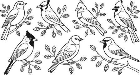 Seamless cartoon bird pattern with cute flying animals, tree branches, and spring flowers, perfect for nature-themed design