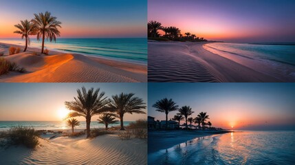 Four beach scenes showcasing the sun setting over the ocean with palm trees and sandy dunes in vibrant colors