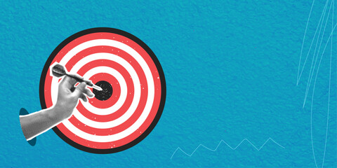 Trendy halftone art collage. Hand holding dart aimed at target on blue background with space for text. Business goal setting, aiming, focus concept.