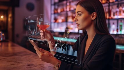 Businesswoman reviews investment graphs with cocktail at night bar - Powered by Adobe
