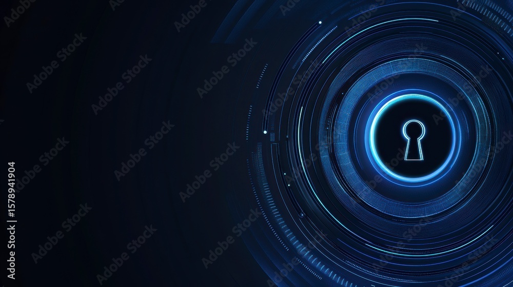Wall mural abstract digital keyhole in glowing blue concentric circles on dark background.