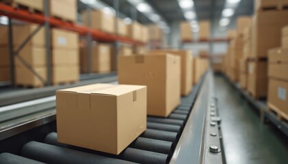 Cardboard boxes on conveyor belt in modern warehouse. Boxes being sorted for delivery shipping. Warehousing logistics transportation. Industry, business, distribution, post service, logistic.