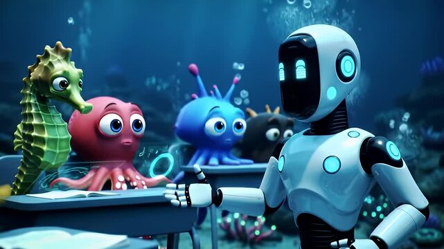 Robots and aliens in a colorful futuristic control room