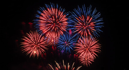 Spectacular fireworks display in vibrant red and blue colors against a dark night sky