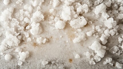 A smooth layer of salt crystals scattered across a flat surface, with visible texture and small finger traces left in the salt. 