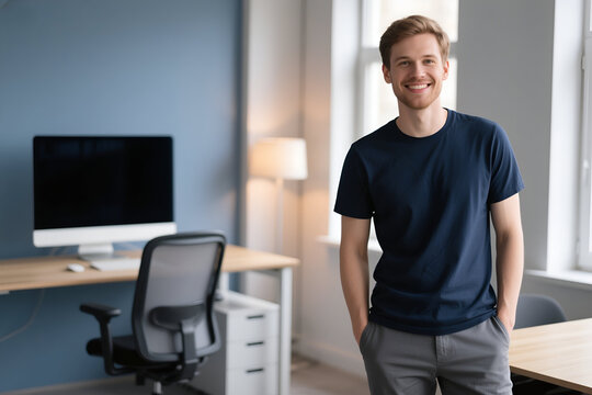 Young Professional Man in Casual Outfit Smiling in Modern Office Space - Powered by Adobe