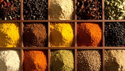 Wooden spice box with various ground and whole spices