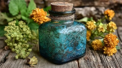 Teal glass bottle with cork, surrounded by dried flowers and leaves on rustic wood