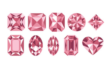 Collection of ten pink gemstone cuts including heart oval emerald and round shapes