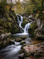 Fototapeta premium Cascading waterfalls in autumn forest nature photography serene landscape tranquil environment scenic viewpoint