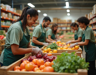 Group volunteers working at food bank. Team sorts fresh organic fruits vegetables. Diverse team helps community, fights hunger. Humanitarian aid, food donation charity service.
