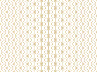 Japanese seamless pattern with geometric design composed of repeating hexagonal and star-like floral motifs, outlined in a delicate gold on transparent background.
