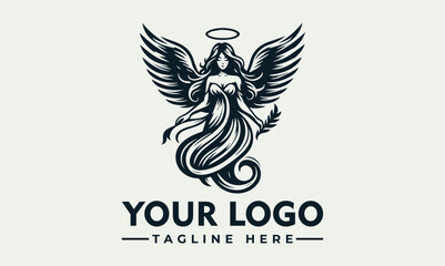 Illustration of a winged angel with a halo holding a feather, with placeholder text for a logo and tagline.