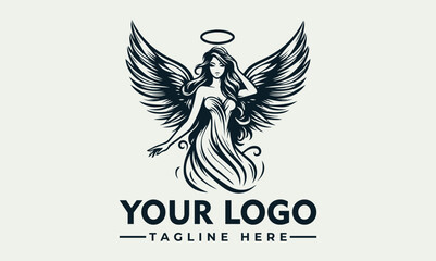 Vintage logo design of a winged female figure, with halo, in a flowing dress.