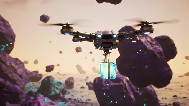 Drone flying through fantasy alien planet