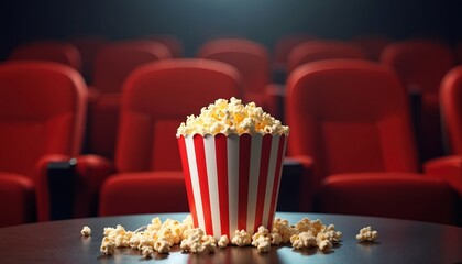 Popcorn in red striped bucket, scattered on table with blurred cinema seats background. Popular movie snack, cinema entertainment, film industry. Freshly popped corn, ready for movie time, theater