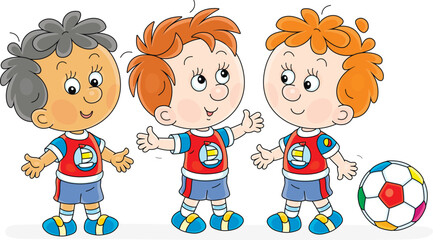 Little boys football players in uniform are about to play a ball during a match or training on a sports field or playground of an elementary school, vector cartoon illustration on a white background
