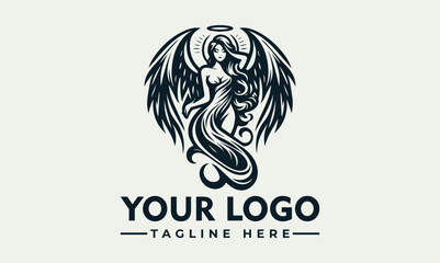 Elegant winged woman logo design, dark monochrome aesthetic, halo, flowing hair, tagline placeholder.