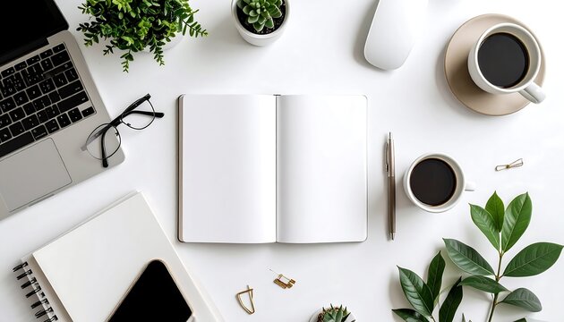 Workspace with laptop, notebook, plants, coffee