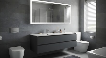 Fototapeta premium Modern Bathroom Interior with Vanity, Toilet, and Shower