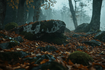 Moss Covered Rocks and Old Stump by a Flowing Forest Stream