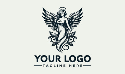 Elegant illustration of an angel with wings, halo, and floral elements, perfect for a logo.