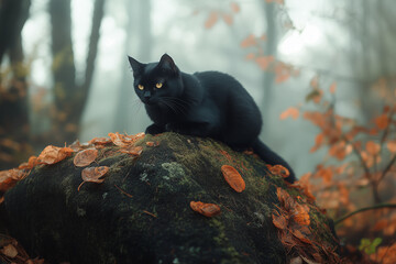Black Cat Sitting on a Tree Branch in Nature