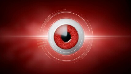 AI and ethics, A red, futuristic eye with a glowing digital effect is centered against a dark background, symbolizing technology and surveillance. - Powered by Adobe